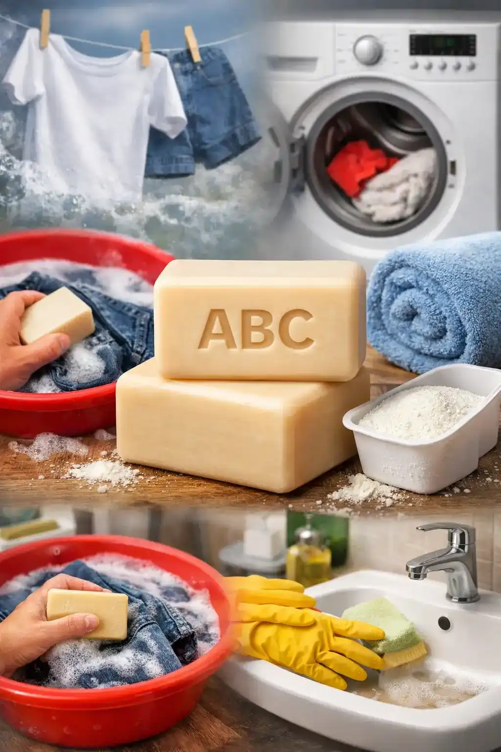 ABC soap bar and laundry soap usage illustration showing washing and cleaning applications