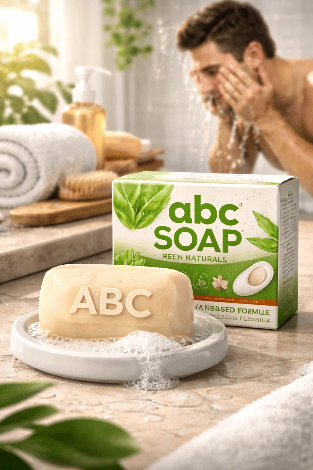 ABC soap reen naturals bar showing plant-based soap texture and everyday cleansing context