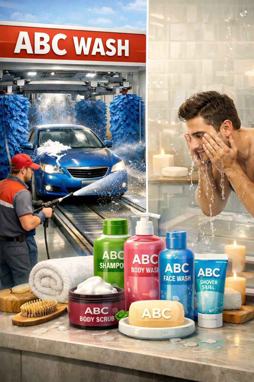 ABC wash systems showing car wash operations and personal wash product contexts