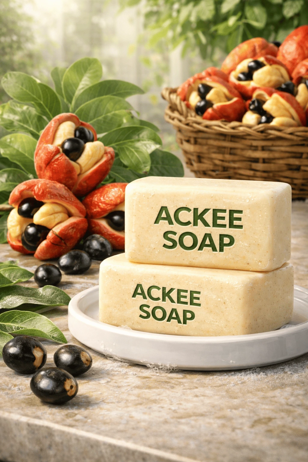 Ackee soap derived from Jamaican ackee plant shown with fruit, seeds, and natural soap bars