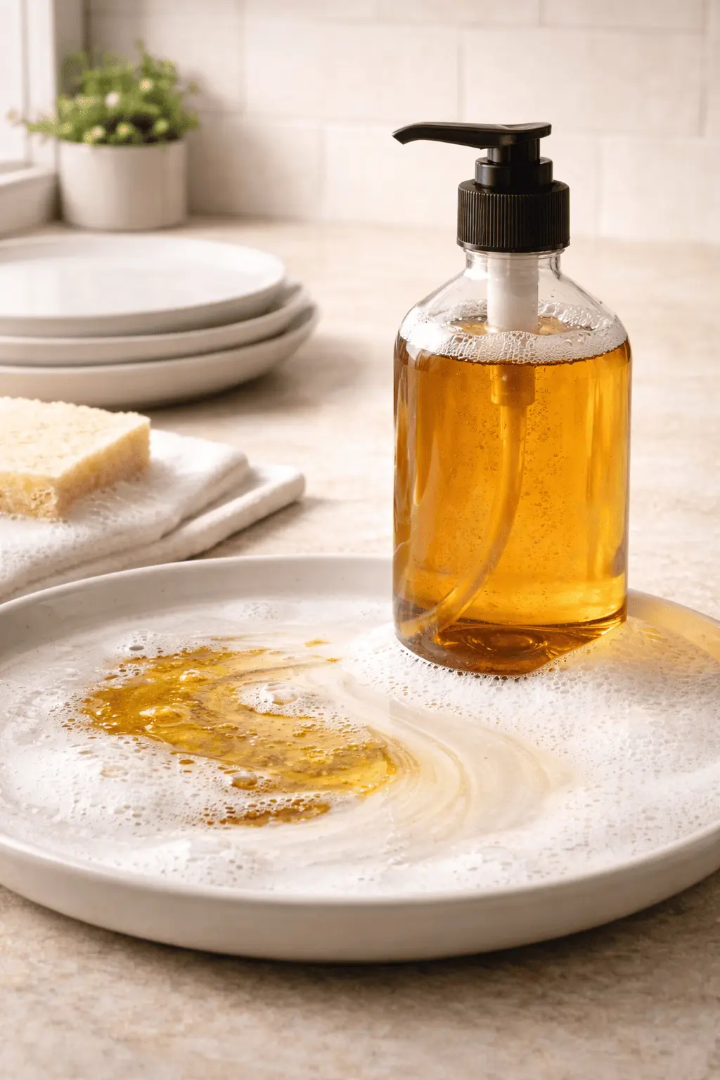 Liquid dish soap in a minimalist bottle shown with controlled foam and grease dispersion on ceramic dishware
