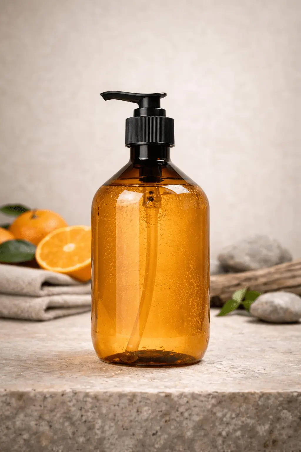 Aesop mandarin hand soap bottle displayed under neutral lighting to show liquid clarity and packaging design