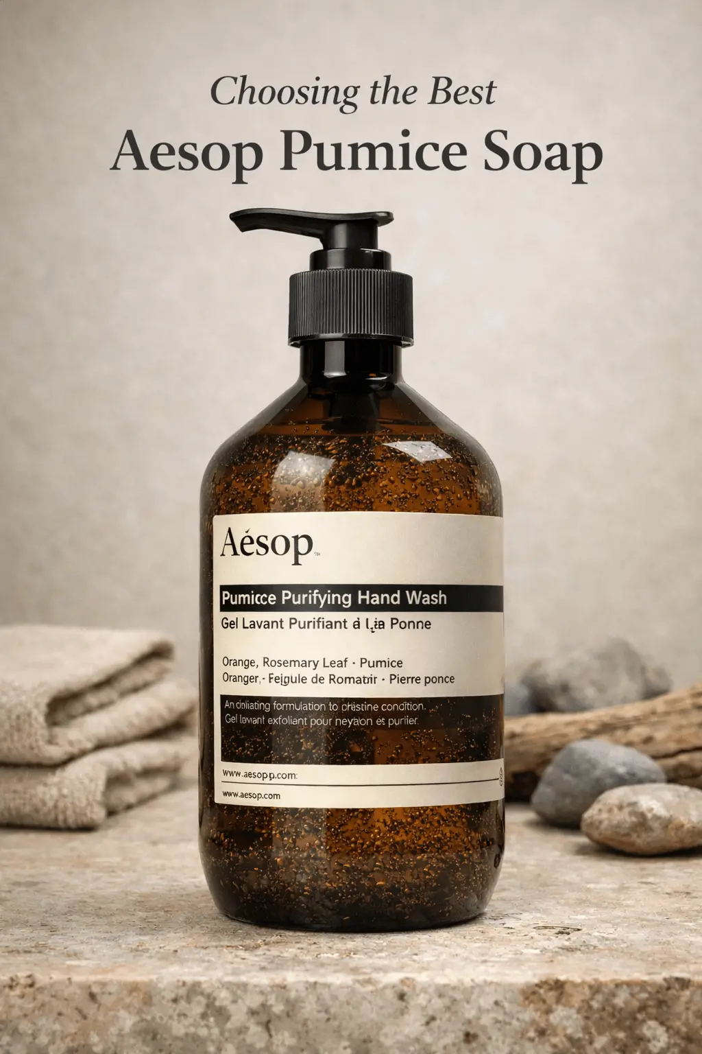 Aesop pumice hand soap bottle shown with visible mineral particles suspended in liquid under neutral studio lighting