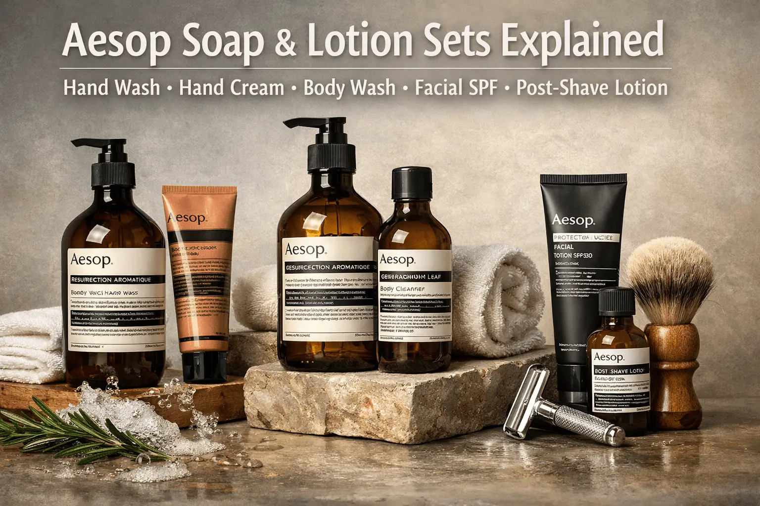 Aesop soap and lotion set displayed with hand wash and lotion bottles under neutral studio lighting to illustrate packaging form and use context