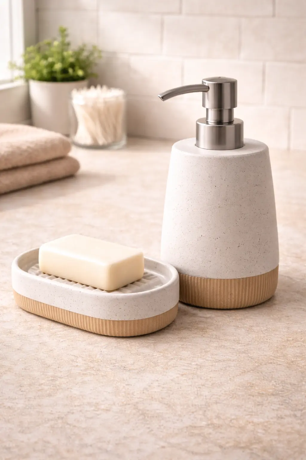 Soap dispenser and holder set shown on a kitchen and bathroom countertop under neutral lighting