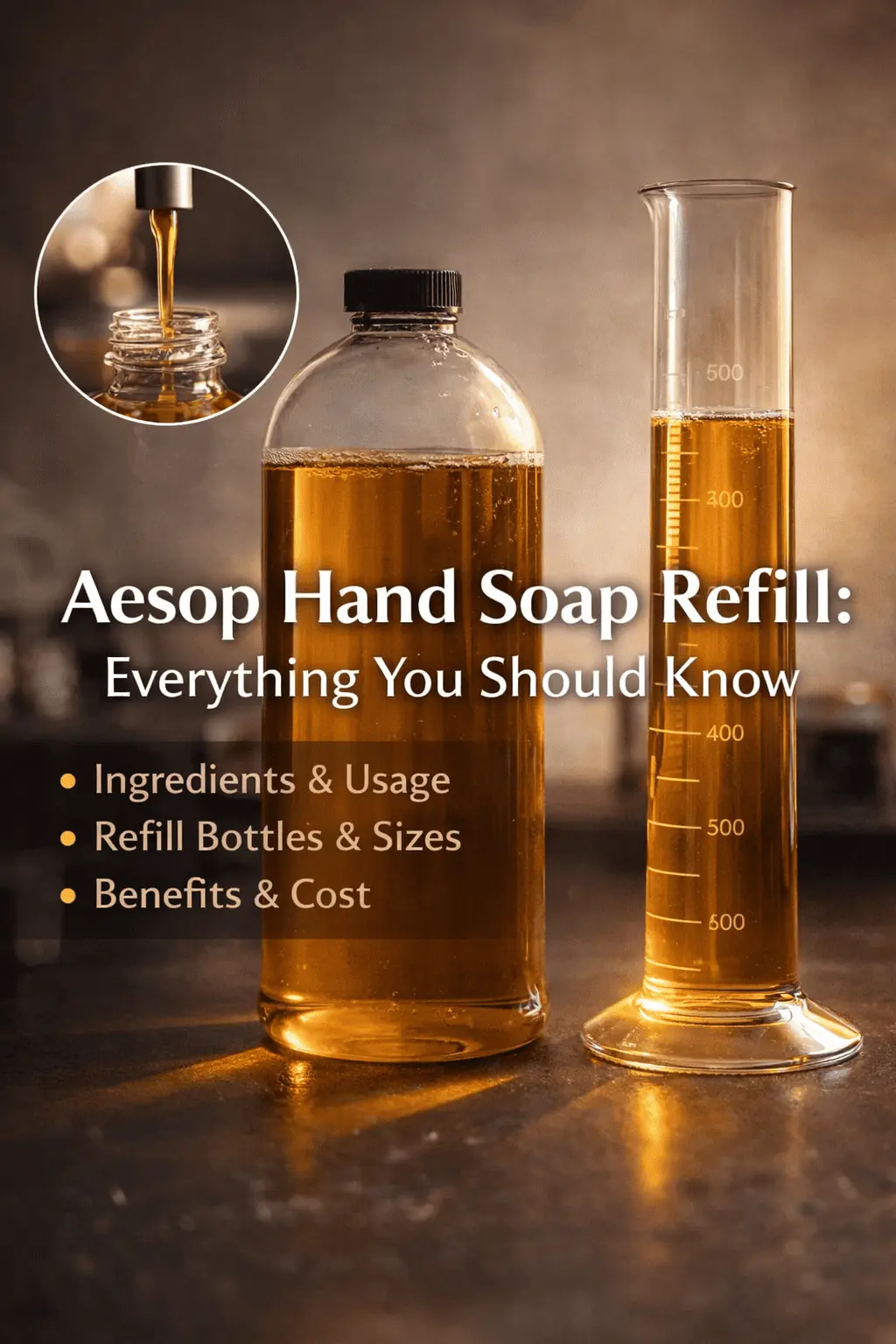 Unbranded liquid soap refill containers showing viscosity and flow characteristics in controlled lighting