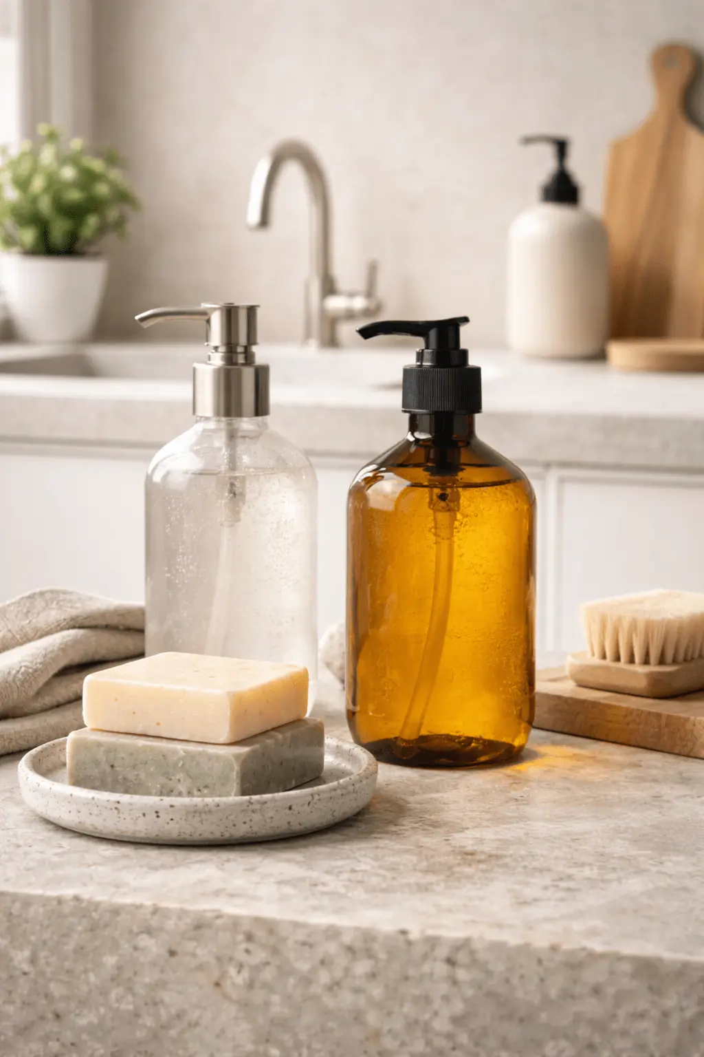 Minimalist soap bottles and bars arranged in a neutral bathroom and kitchen setting to illustrate Aesthetic Soap design