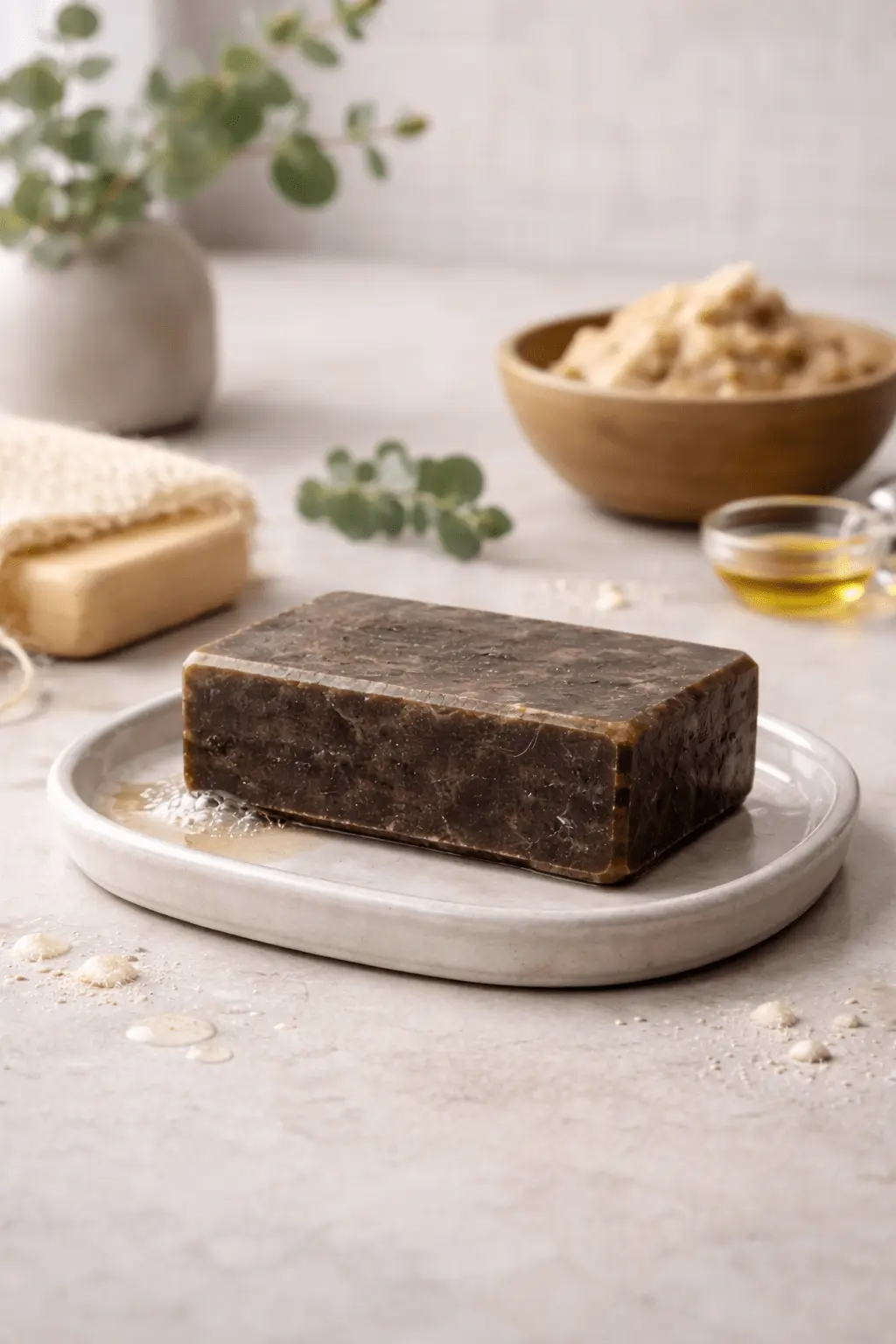 Alaffia authentic African black soap bar shown in neutral lighting for ingredient and performance evaluation