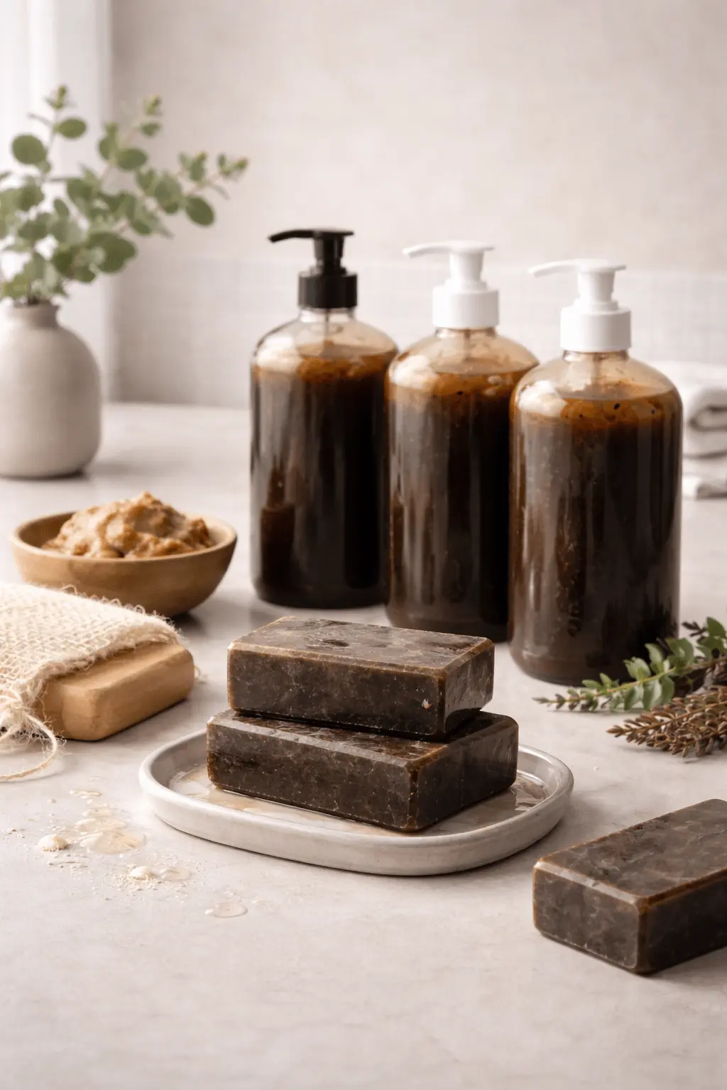 Alaffia African Black Soap bars and liquid body wash variants shown under neutral lighting for formulation and performance analysis