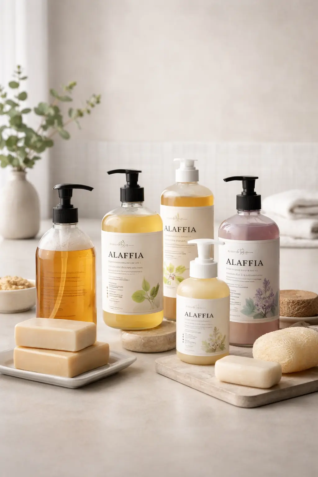 Alaffia soap products including liquid hand soap, bar soap, baby soap, and castile soap displayed in neutral lighting for research evaluation