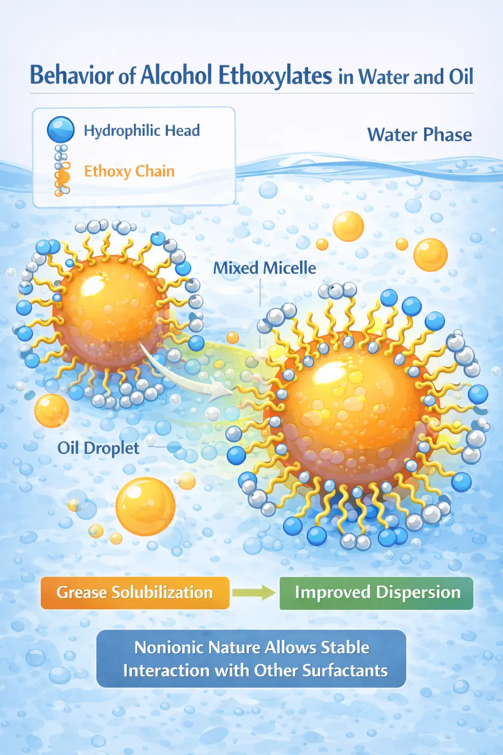 Alcohol ethoxylate molecules interacting with oil droplets and water phase forming mixed micellar structures in detergent system
