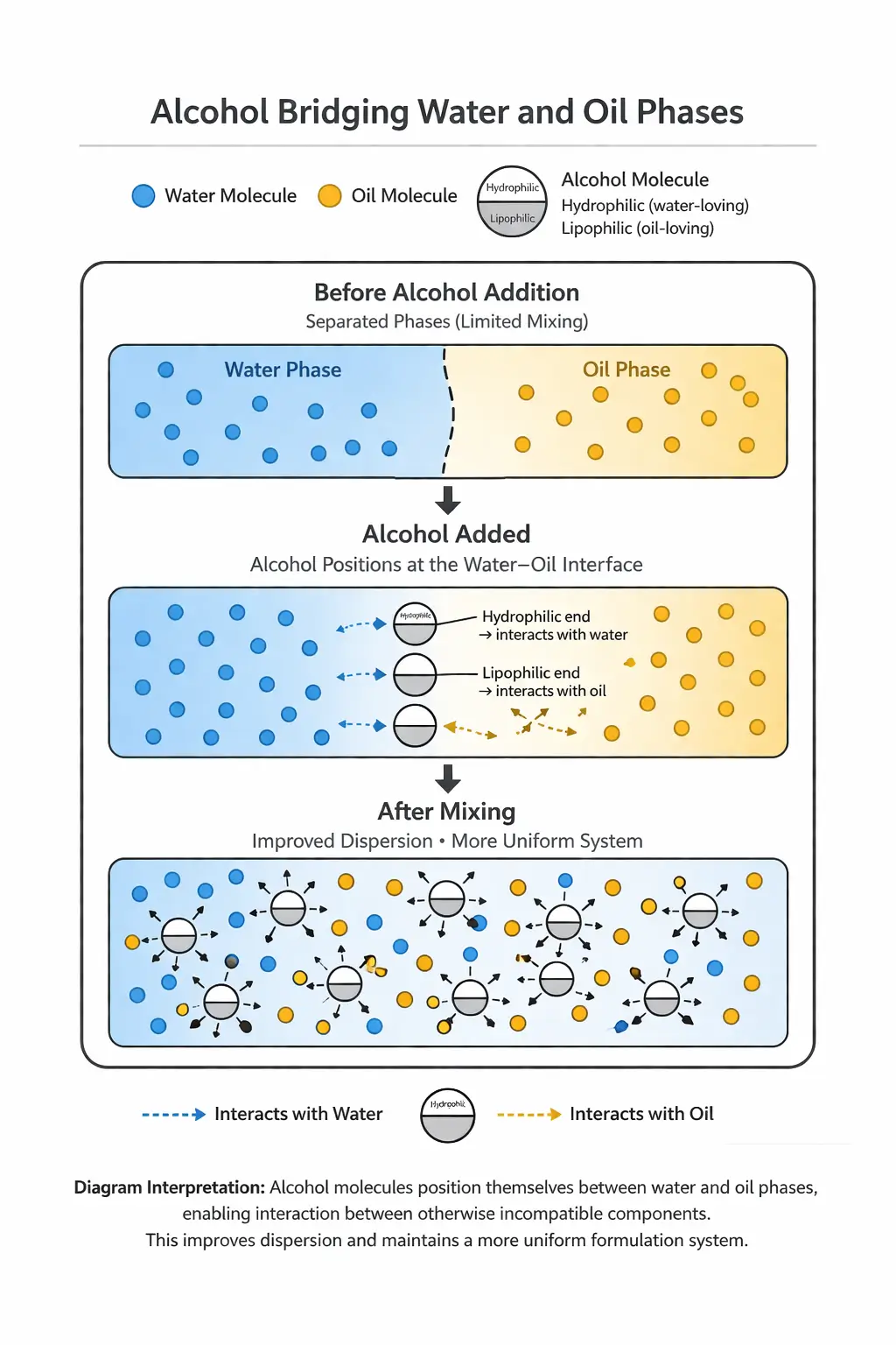 Diagram showing alcohol interacting with water and oil phases to improve solubility and distribution