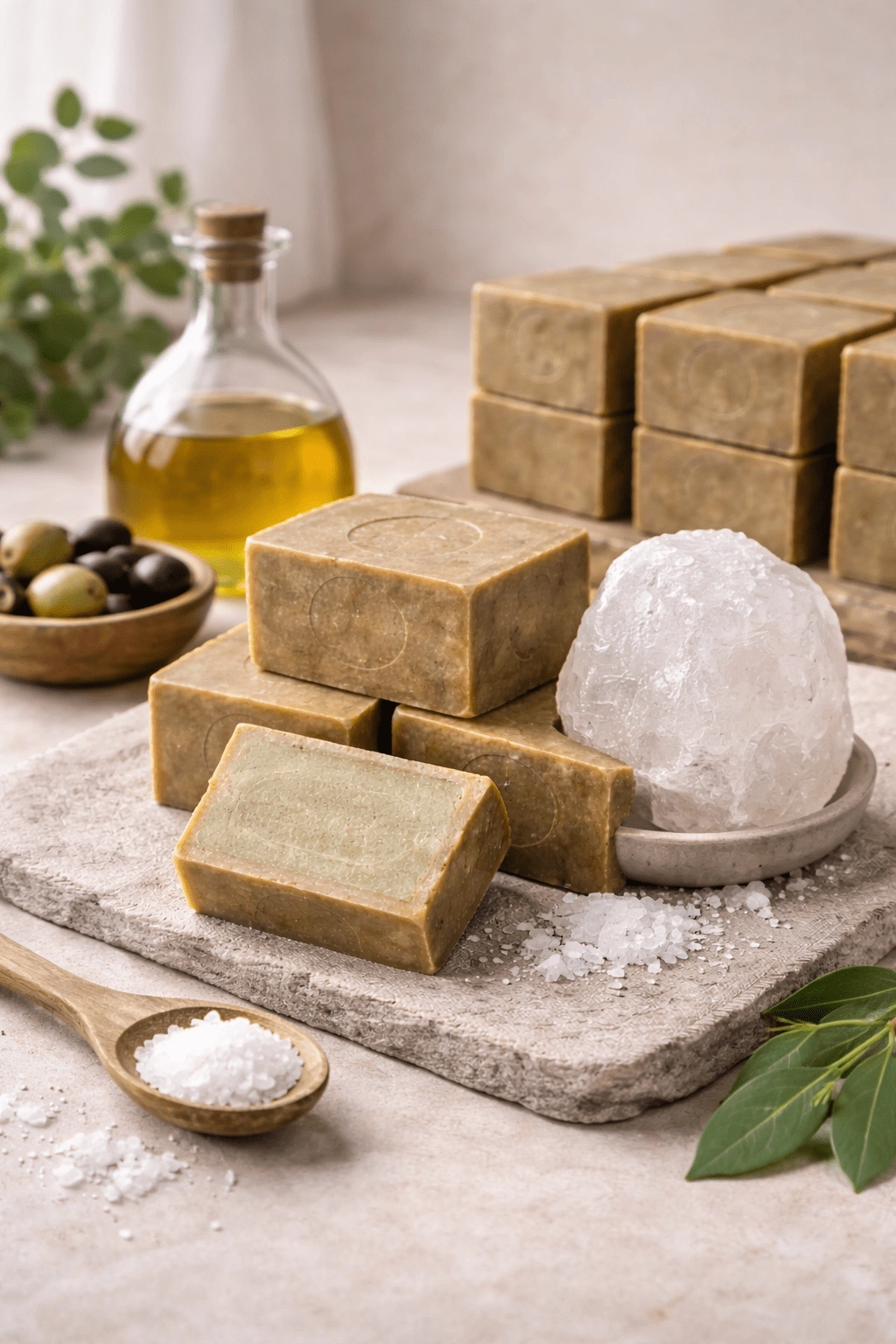 Aleppo soap bars and natural alum stone displayed together for traditional beauty practice evaluation