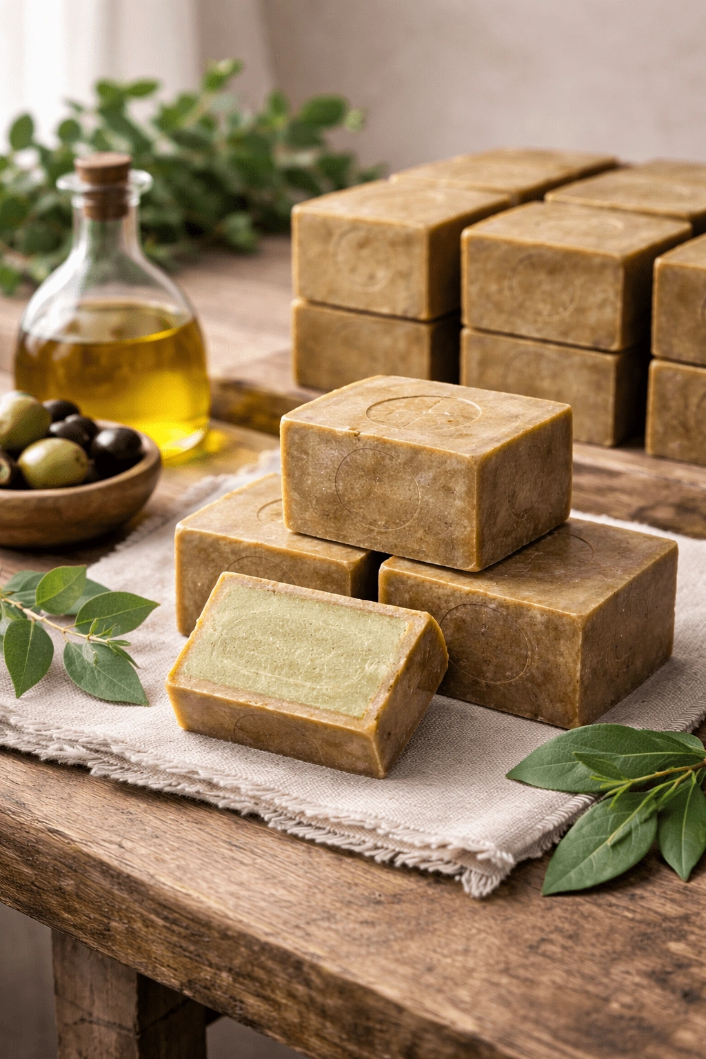 Aleppo soap bars showing olive oil and laurel oil composition under neutral lighting for ingredient evaluation