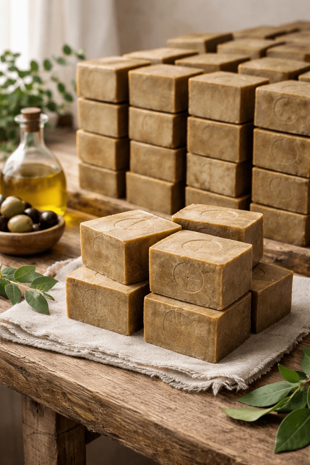 Traditional Aleppo soap bars curing in stacks under natural light for ingredient and performance evaluation