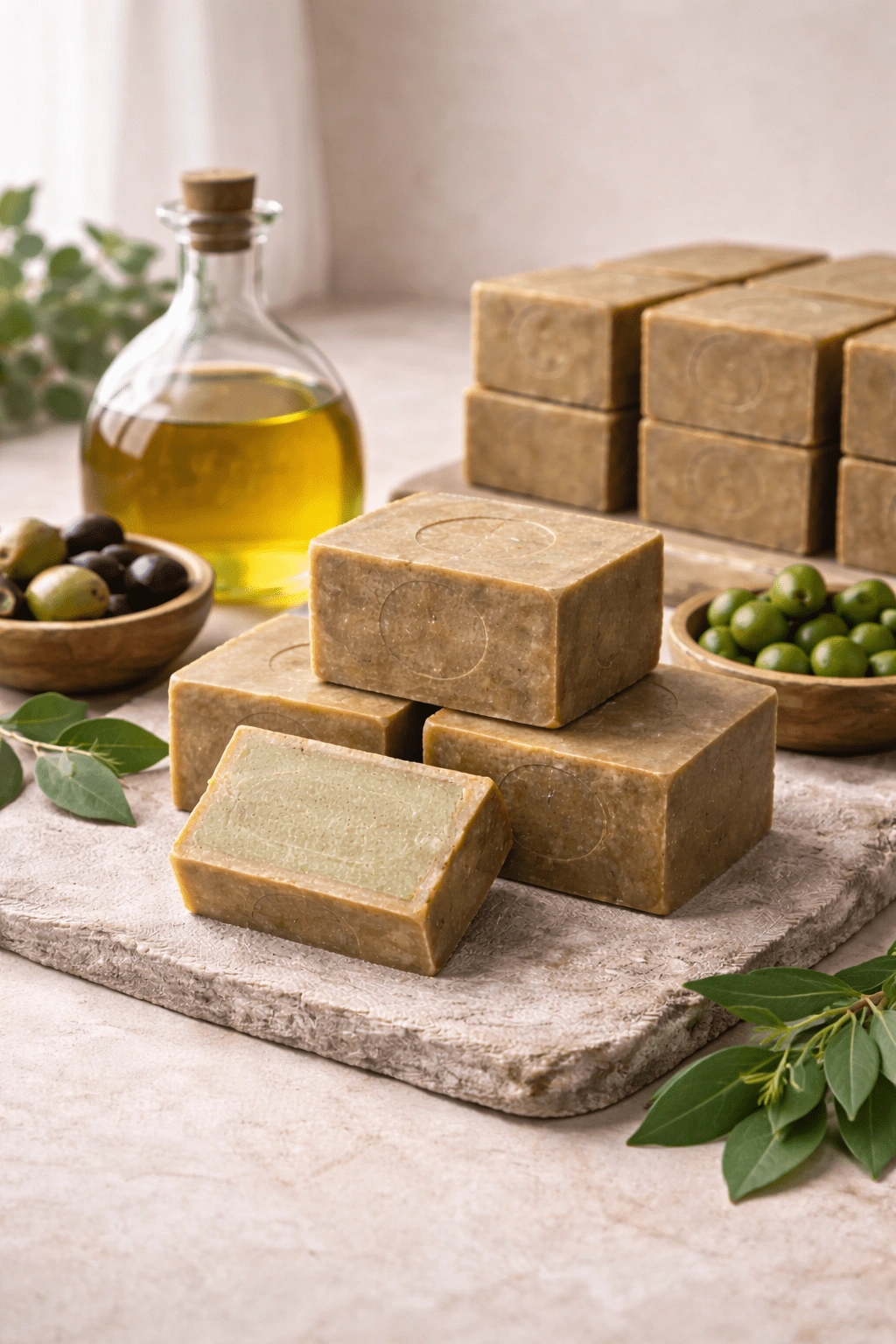 Traditional Aleppo soap bars illustrating olive oil based ingredient composition under neutral lighting