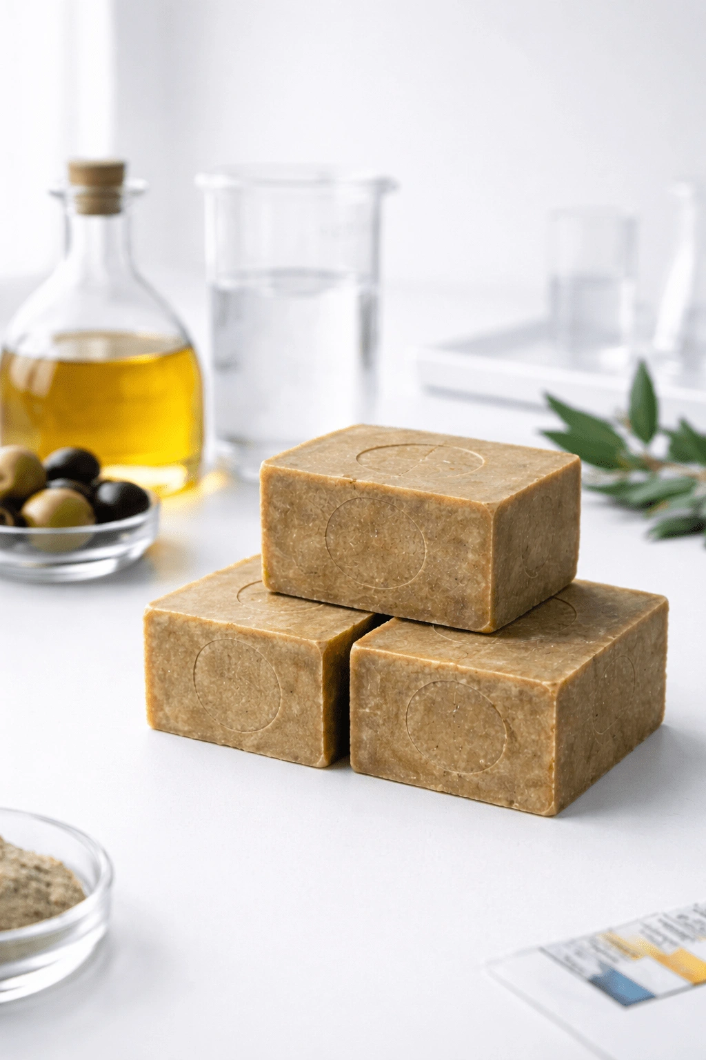 Aleppo soap bars formulated primarily with olive oil shown under neutral lighting for ingredient and performance evaluation