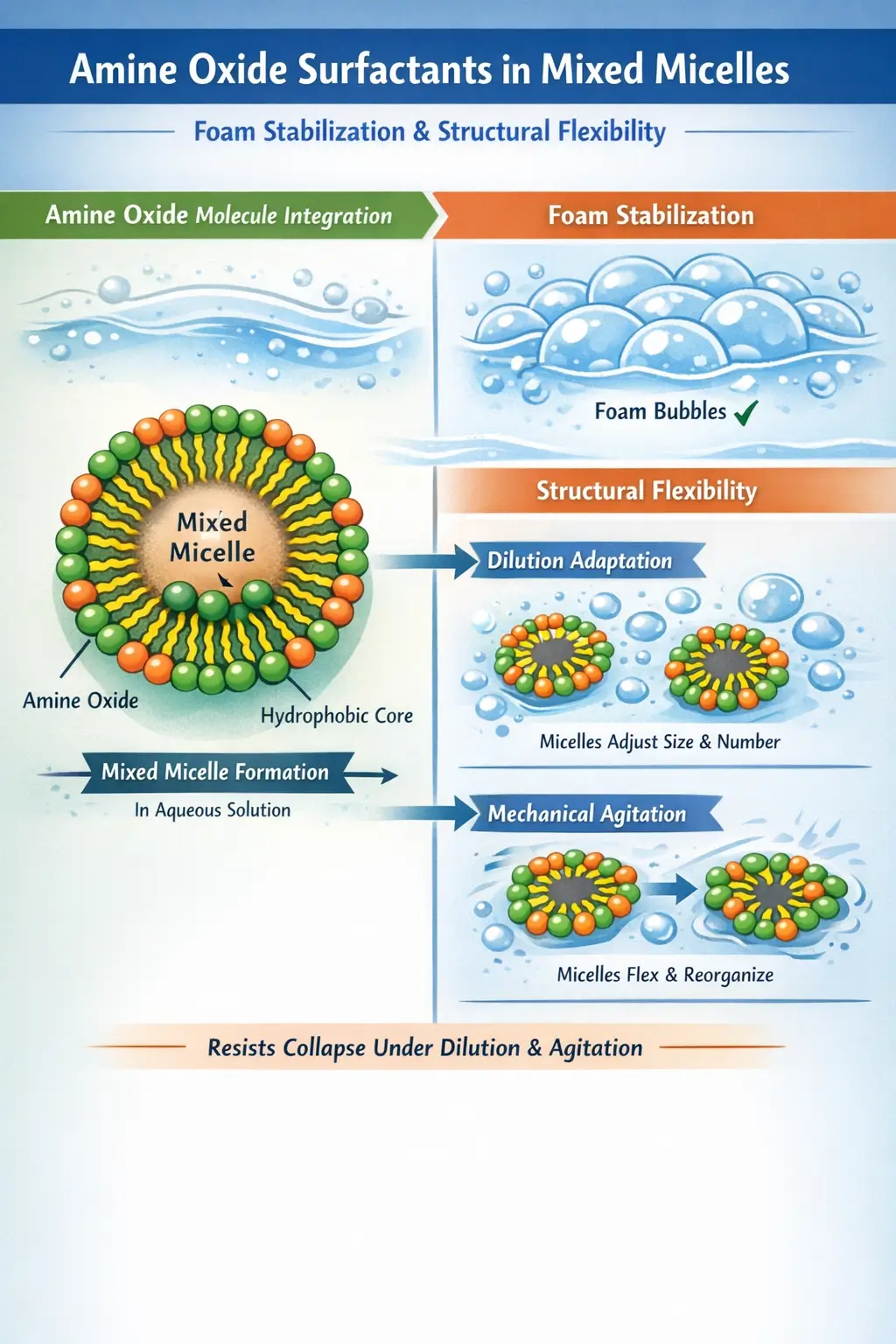 Amine oxide surfactant molecules forming mixed micelle structures with other surfactants in aqueous phase showing foam stabilization and structural flexibility