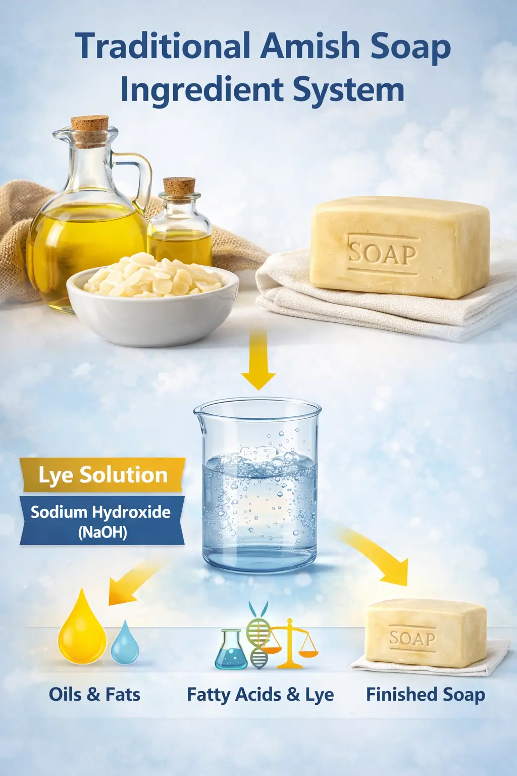 Traditional Amish soap ingredient system showing oils, fats, lye solution, and cured bar structure