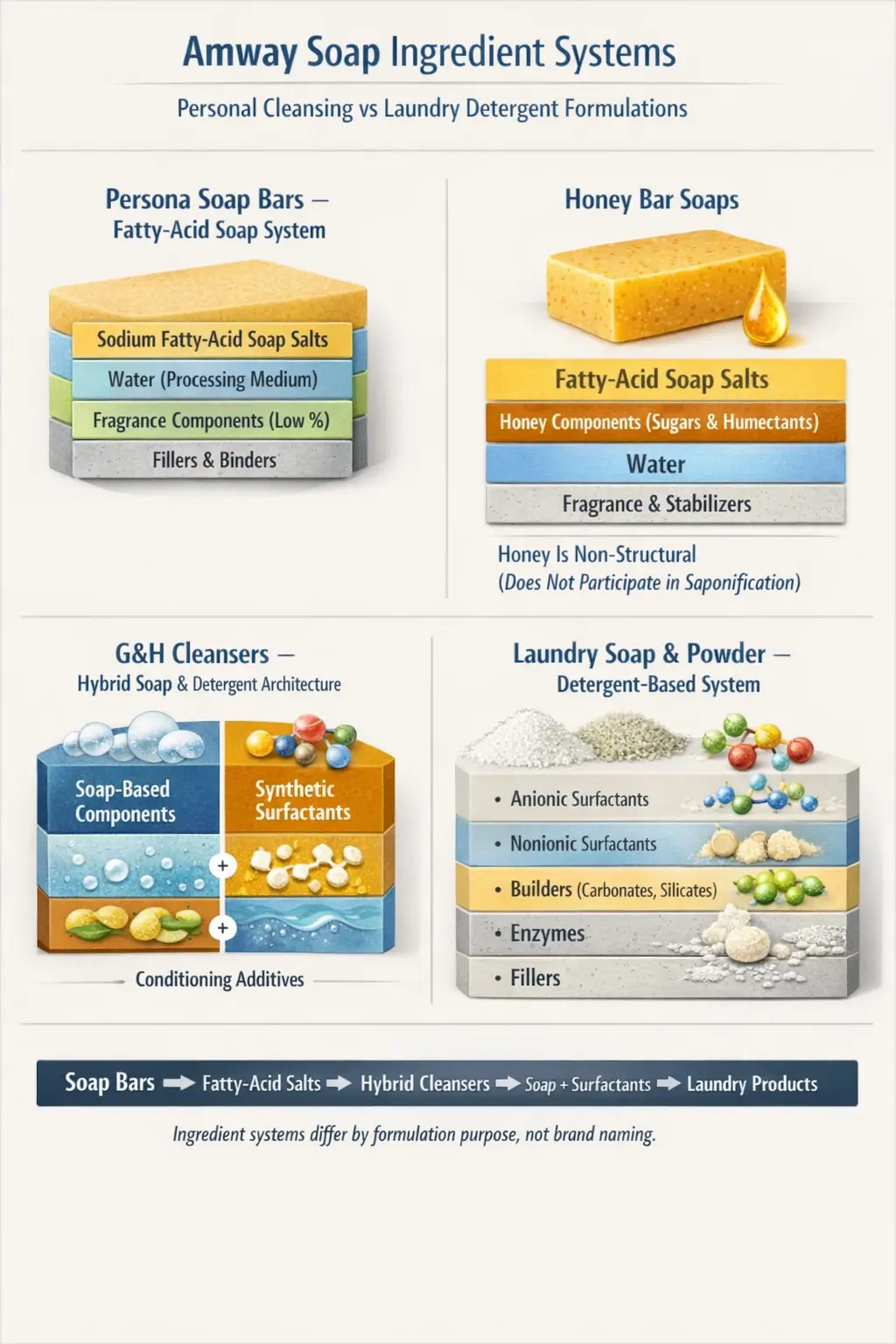 Ingredient-labeled infographic showing soap-based and detergent-based cleansing systems used across Amway Persona soap bars, Honey Bar soaps, G&H hybrid cleansers, and Amway laundry soap and powder formulations
