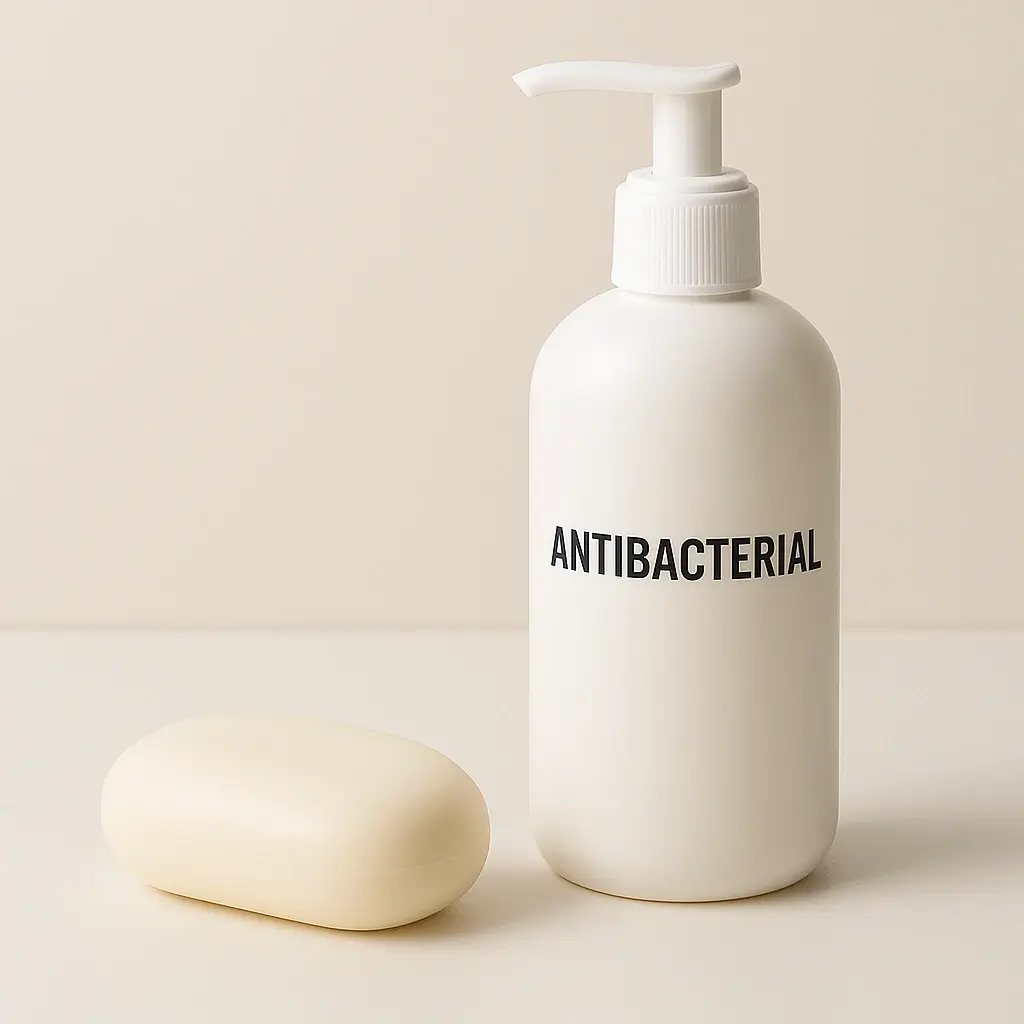 Clean studio-style photo showing an antibacterial soap bar and pump bottle under neutral lighting to represent foot odor testing