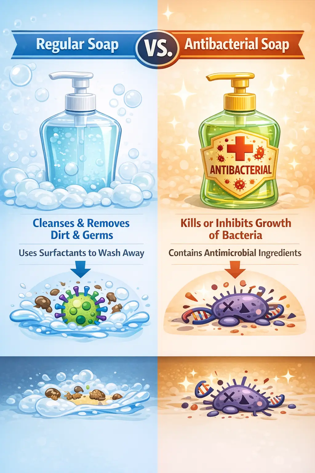 Comparison illustration of regular soap cleansing action and antibacterial soap labeling context