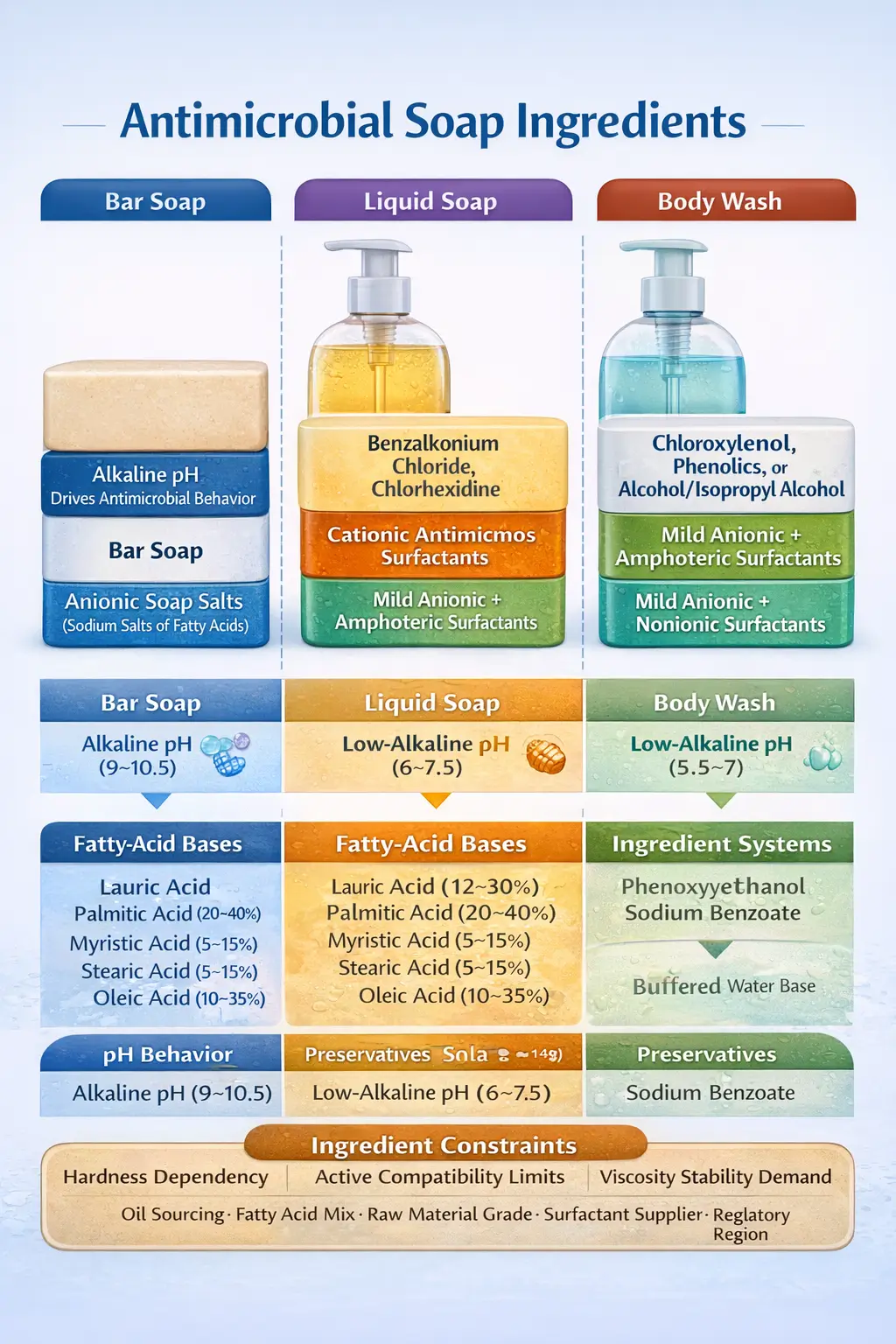 Ingredient-labeled infographic showing antimicrobial soap composition across bar soap, liquid soap, and body wash formats, highlighting antimicrobial actives, surfactant systems, fatty-acid bases, and pH behavior