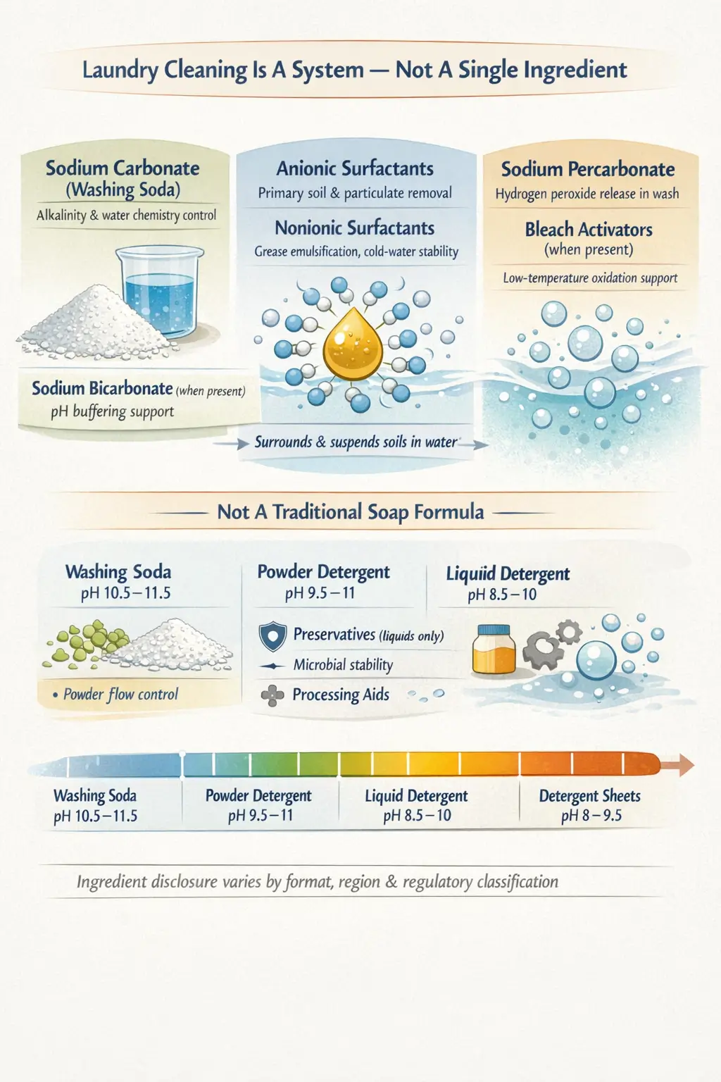 Ingredient system overview showing washing soda sodium carbonate, synthetic surfactants, oxygen bleach sodium percarbonate, and builder components used in Arm & Hammer laundry formulations