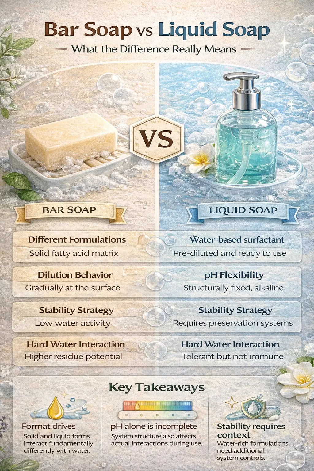 Bar soap and liquid soap shown side by side to illustrate physical state differences