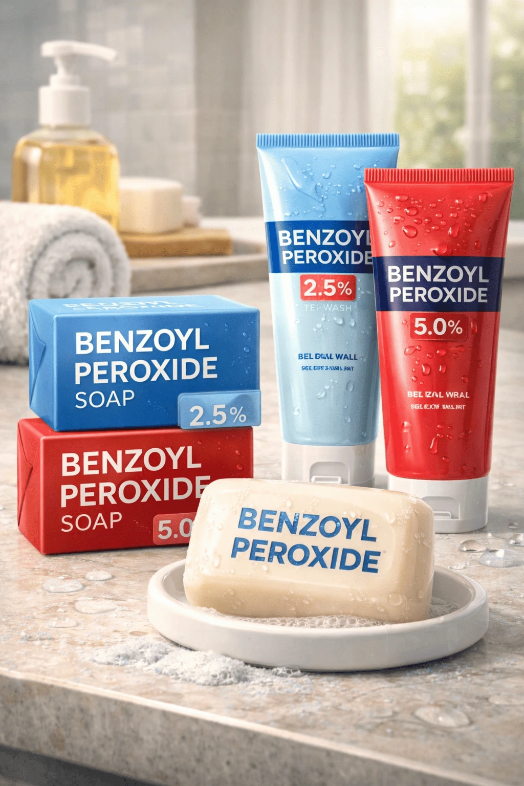 Benzoyl peroxide soap in bar and gel formats showing 2.5 percent and 5.0 percent strengths