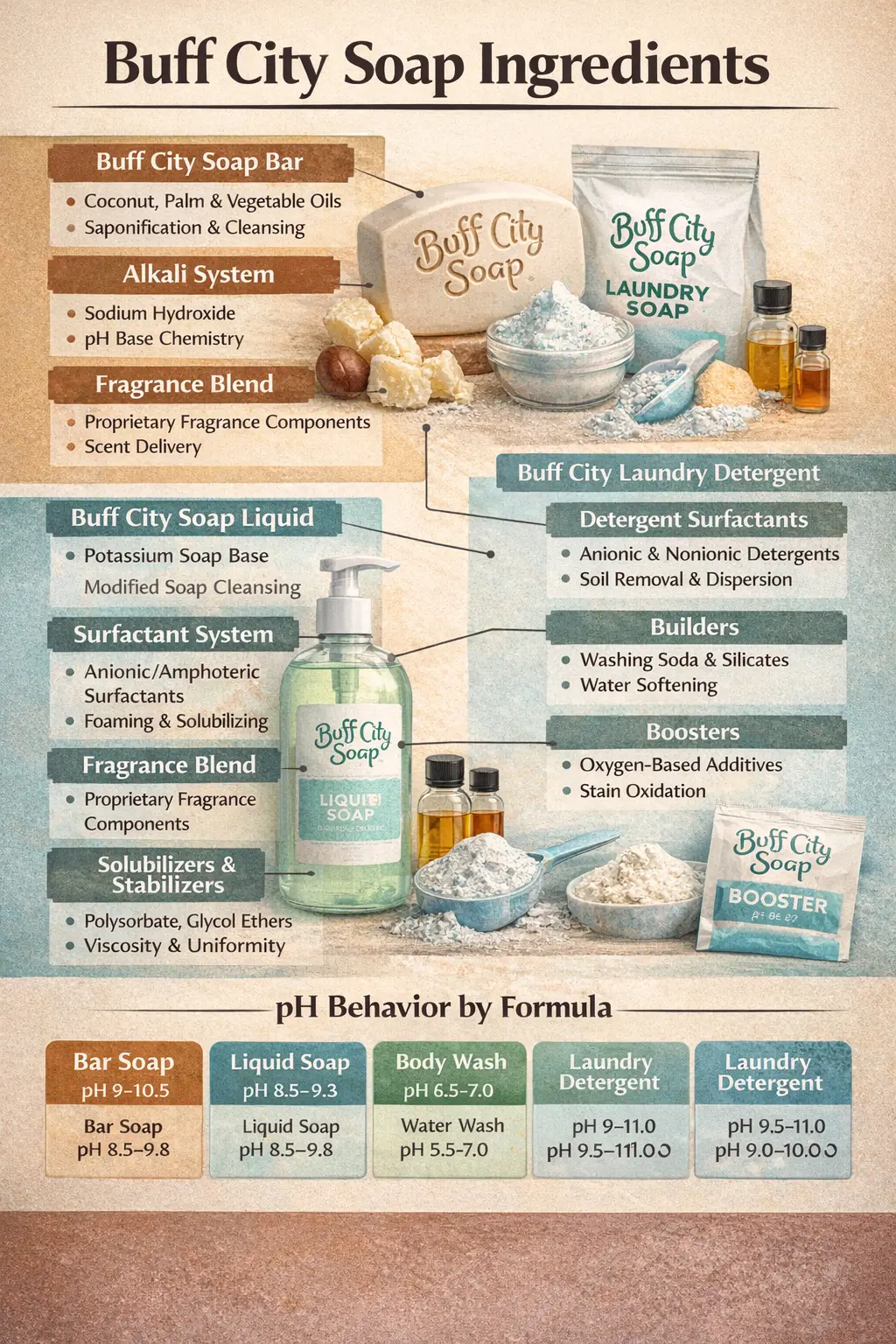 Ingredient-labeled overview of Buff City Soap formulations showing fatty-acid soap bases, surfactant systems, fragrance blends, additives, and pH behavior across bar, liquid, and laundry formats