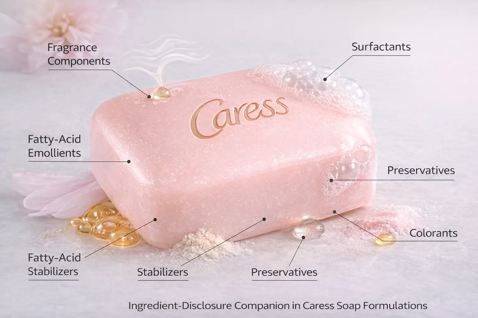 Ingredient-labeled syndet body soap bar illustrating surfactants, fatty-acid emollients, fragrance components, and stabilizers used in Caress soap formulations