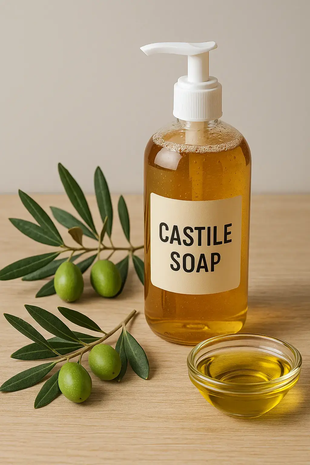 Bottle of liquid Castile soap placed next to olive branches and a small bowl of oil