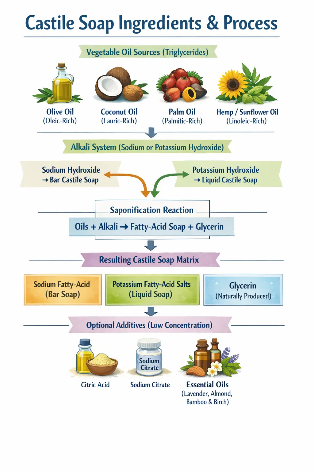 Ingredient-labeled infographic of castile soap showing vegetable oil sources, sodium and potassium alkali systems, saponification reaction, and resulting fatty-acid soap matrix for liquid and bar formulations
