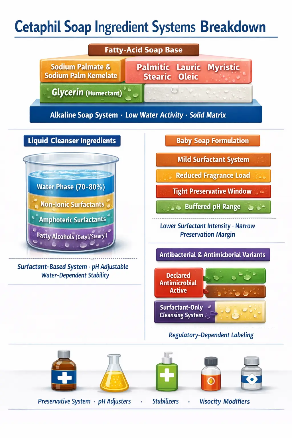 Ingredient-labeled representation of Cetaphil soap formulations showing surfactants, fatty-acid soap base, water phase, stabilizers, and preservative systems