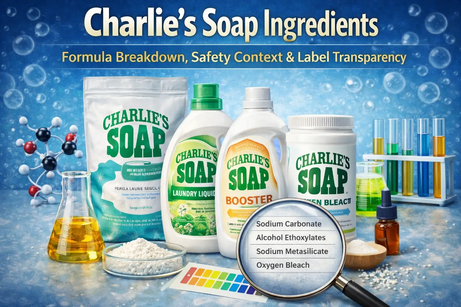 Ingredient-focused evaluation of Charlie’s Soap powder, liquid detergent, booster, and oxygen bleach formulations under neutral analytical conditions