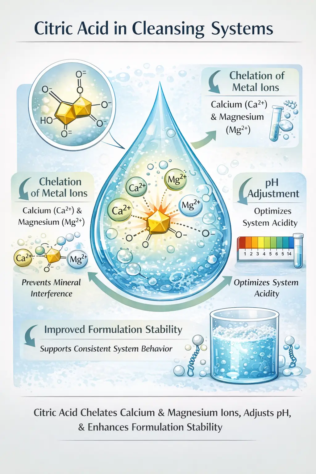 Diagram showing citric acid binding calcium and magnesium ions in aqueous cleansing systems while adjusting pH and improving formulation stability