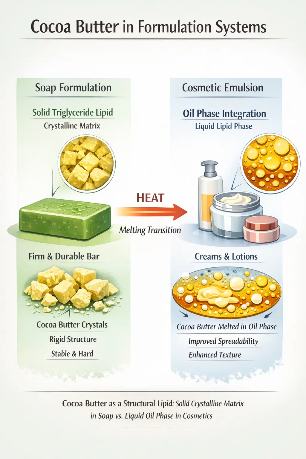 Diagram showing cocoa butter as a triglyceride lipid forming a solid crystalline matrix in soap and melting into the oil phase in cosmetic emulsions influencing structure and consistency