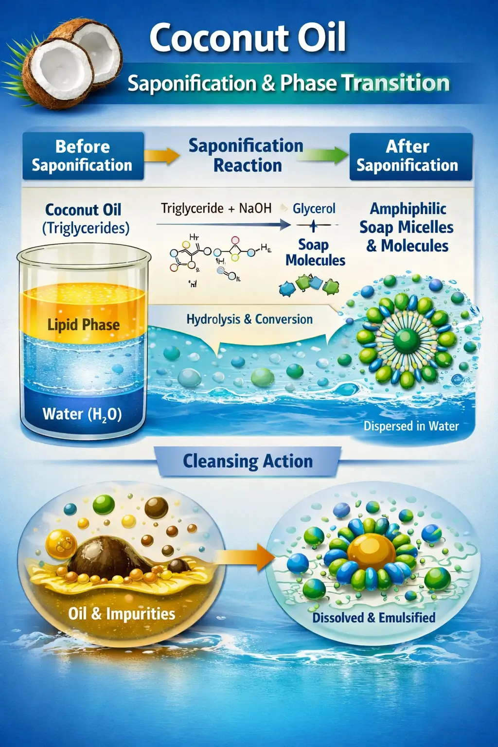 Coconut oil phase transition and saponification behavior showing lipid phase conversion into amphiphilic soap structures