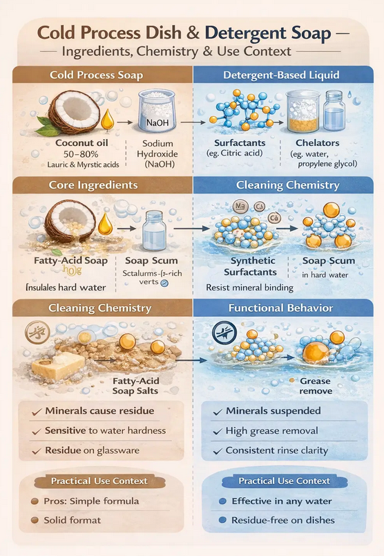 Ingredient and process overview of cold process dish and detergent soap showing fatty-acid soap salts, alkali reaction, grease interaction, and residue formation behavior