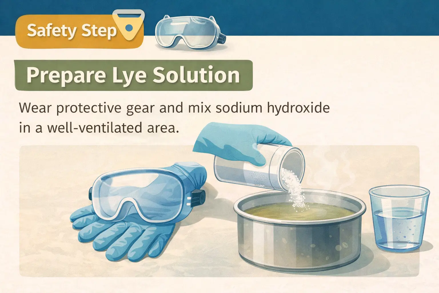 Protective gloves and eye protection worn while preparing sodium hydroxide lye solution for a cold process soap recipe in a heat-safe container
