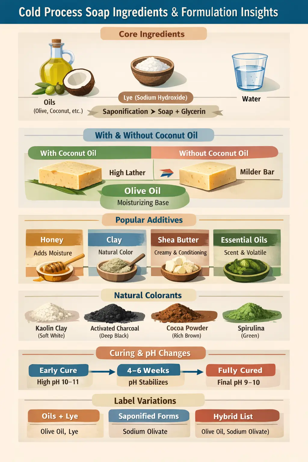 Ingredient-labeled infographic illustrating cold process soap ingredients, including base oils and fats, sodium hydroxide lye solution, saponification into soap and glycerin, optional additives such as honey and clays, natural colorants, curing timeline, and pH stabilization from fresh to fully cured bars