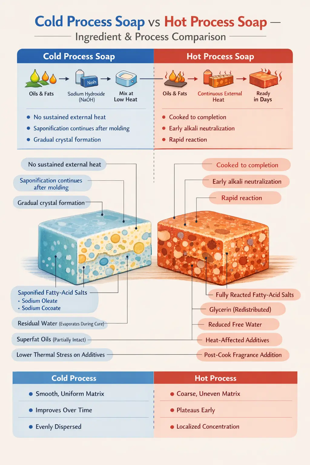 Ingredient-labeled infographic comparing cold process soap and hot process soap, showing saponified fatty-acid salts, glycerin retention, thermal exposure, cure behavior, texture differences, and formulation structure