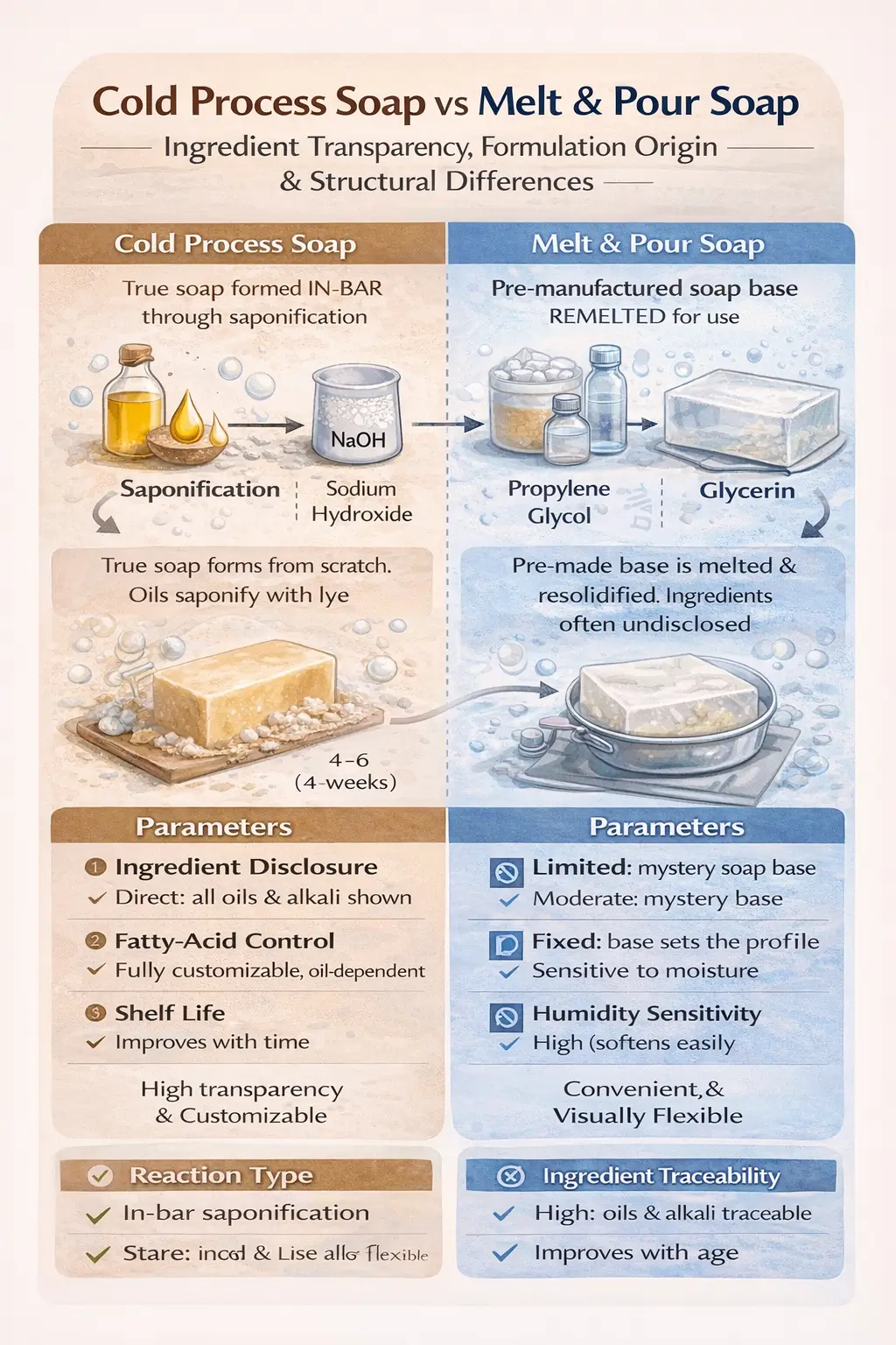 Ingredient transparency comparison between cold process soap and melt & pour soap base showing saponification chemistry versus pre-manufactured soap structure