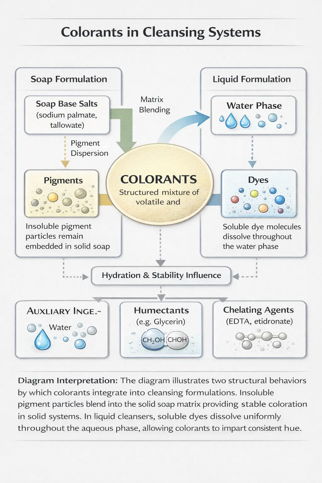 Ingredient interaction diagram showing pigment particles dispersed within the fatty acid soap matrix and dye molecules dissolved within the aqueous phase of liquid cleansing formulations
