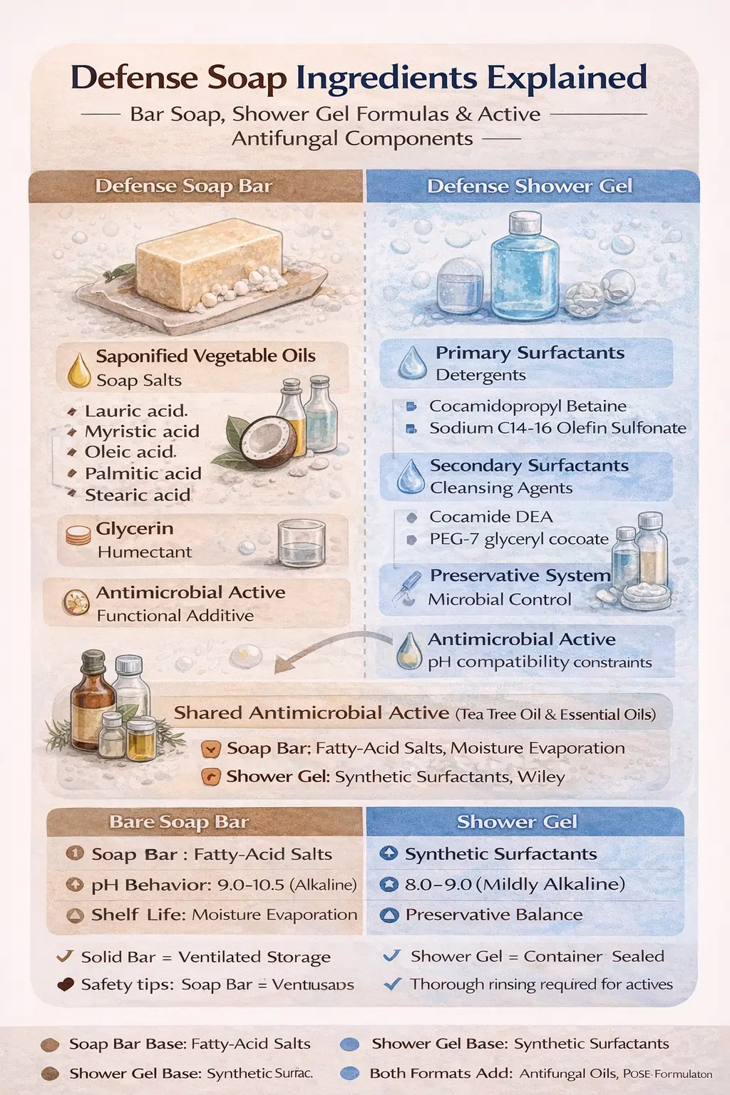 Ingredient-focused overview of Defense Soap bar and shower gel formulations showing soap base, surfactant systems, and antimicrobial active components