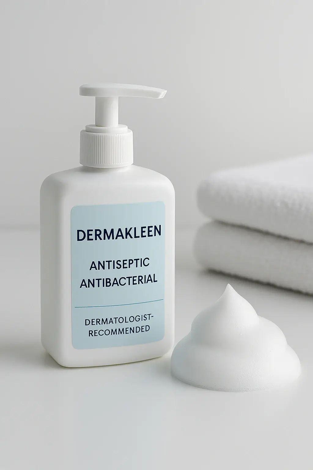 Dermakleen antiseptic and antibacterial soap products including a lotion soap pump and embossed bar representing hygiene-focused formulations