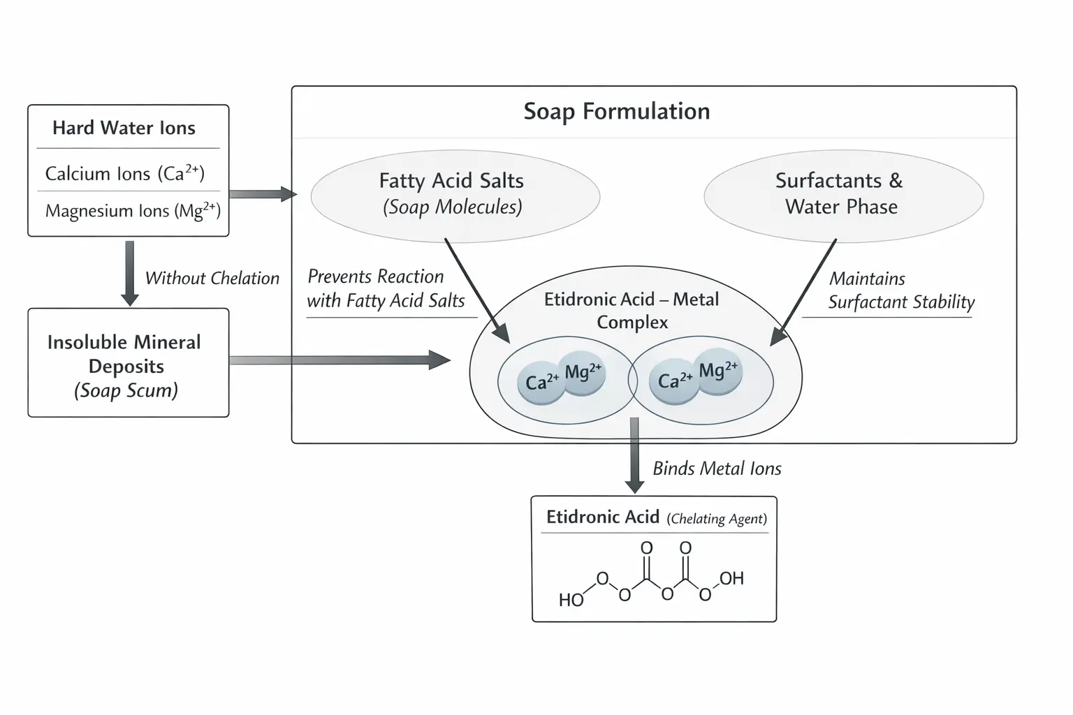 Ingredient interaction diagram showing etidronic acid binding calcium and magnesium ions in a soap formulation, preventing mineral reactions with fatty acid salts and supporting surfactant stability in the water phase