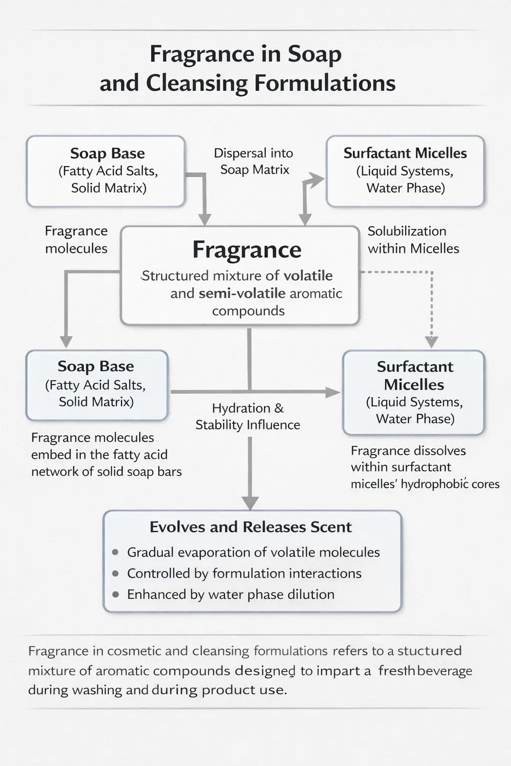 Ingredient interaction diagram showing fragrance molecules distributed within a cleansing formulation matrix interacting with fatty acid soap salts in bar systems and surfactant micelles in liquid systems within the water phase