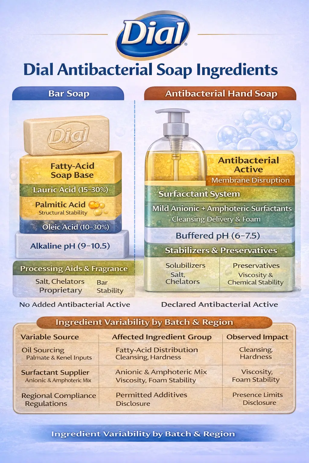 Ingredient-labeled overview of Dial antibacterial soap formulations, showing antibacterial actives, fatty-acid soap bases, surfactant systems, preservatives, and pH behavior across bar soap and antibacterial hand soap formats